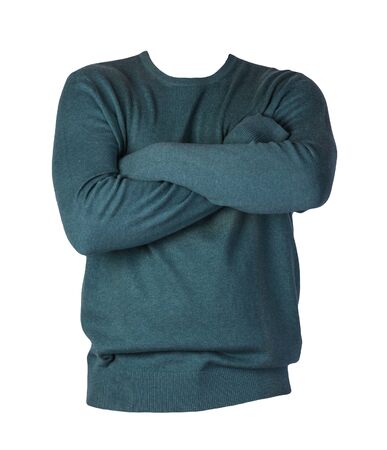 knitted dark green sweater isolated on a white background. men's sweater under the neck . Casual styleの写真素材