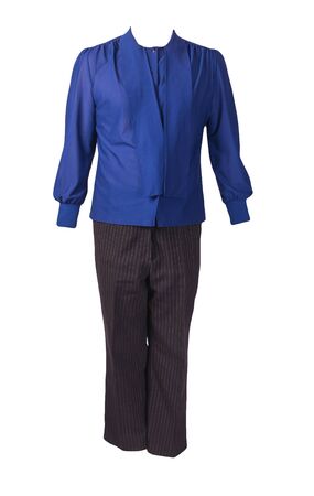 women`s black white striped trousers with blue blouse isolated on white background .fashion clothesの写真素材