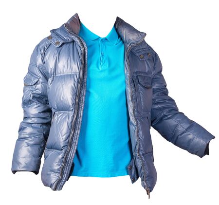 men's blue t-shirt and blue jacket isolated on white background.casual clothingの写真素材