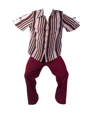 women`s dark red trousers with brown beige striped blouse isolated on white background .fashion clothesの写真素材