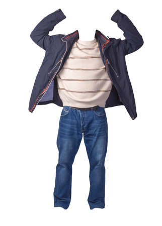 blue jacket with zipper, beige brown sweater and blue jeans isolated on white background. casual fashion clothesの写真素材