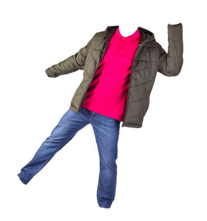 dark green jacket with zipper, red shirt and blue jeans isolated on white background. casual fashion clothesの写真素材