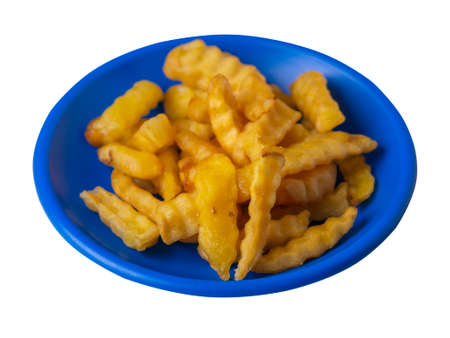 french fries on a plate isolated on white background.french fries on blue plate top view .junk food....