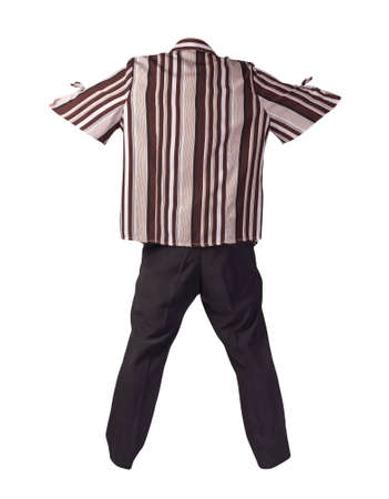 women`s black trousers with brown beige striped blouse isolated on white background .fashion clothesの写真素材