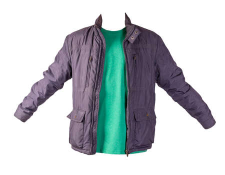 dark blue zipped jacket and retro heather green t-shirt isolated on a white background. Casual styleの写真素材