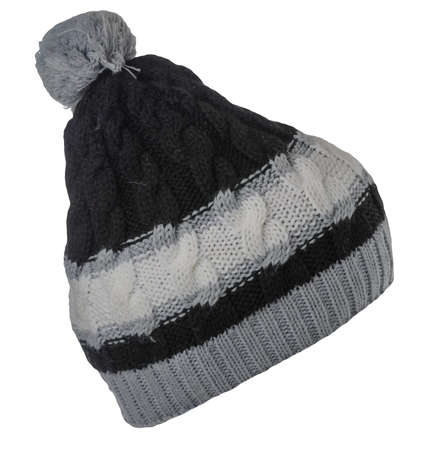 knitted black gray white hat isolated on white background.hat with pompon.の写真素材