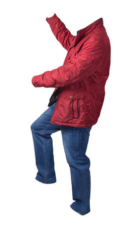 red jacket with zipper, red sweater and blue jeans isolated on white background. casual fashion clothesの写真素材