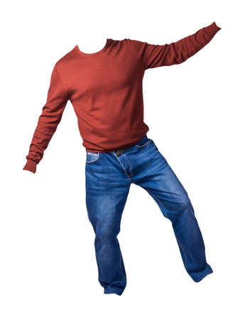 men's dark red sweater and blue jeans isolated on white background.casual clothing