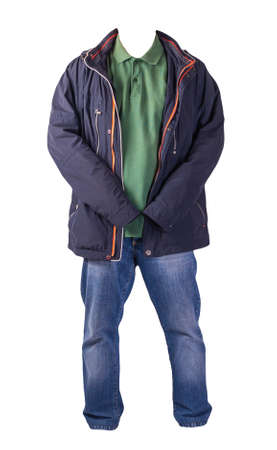 blue jacket, green shirt and blue jeans isolated on white background. casual fashion clothesの写真素材