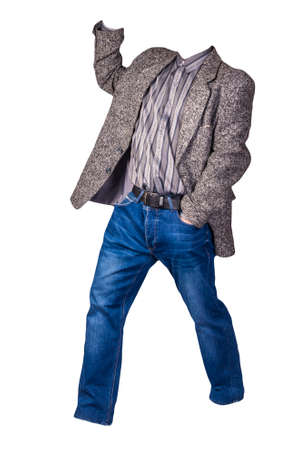 men's button-down jacket with gray striped shirt and blue jeans isolated on a white background. Casual styleの写真素材