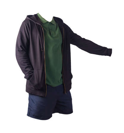 black sweatshirt with iron zipper hoodie, dark green polo shirt and dark blue sports shorts isolated...