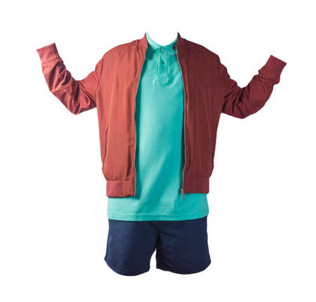 men's red bomber jacket, green polo shirt and sports dark blue shorts isolated on white background....
