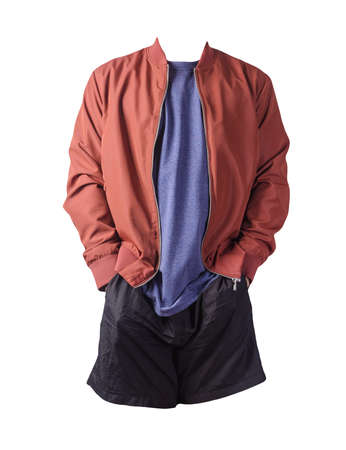 mens red bomber jacket, vintage heather navy t-shirt and sports black shorts isolated on white...