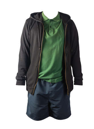 black sweatshirt with iron zipper hoodie, dark green polo t-shirt and dark blue sports shorts...