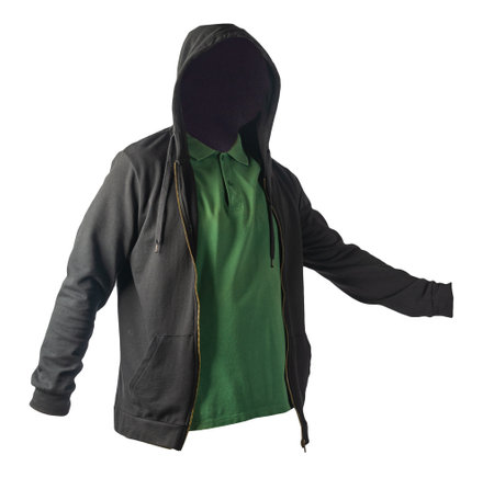 black sweatshirt with iron zipper hoodie and dark green polo t-shirt isolated on white background.sporty styleの写真素材