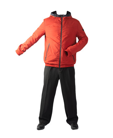 men's red jacket with a hood, black pants and black leather shoes isolated on white background. men's autumn clothesの写真素材