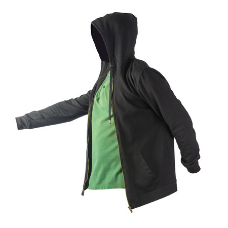 black sweatshirt with iron zipper hoodie and dark green polo t-shirt isolated on white background.sporty styleの写真素材