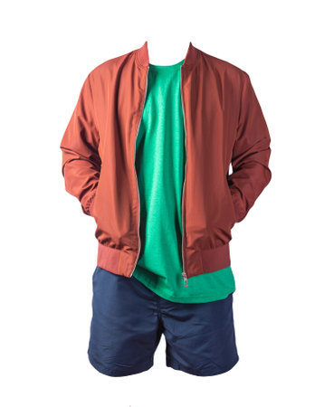mens red bomber jacket, retro heather green t-shirt and dark blue sports shorts isolated on white...