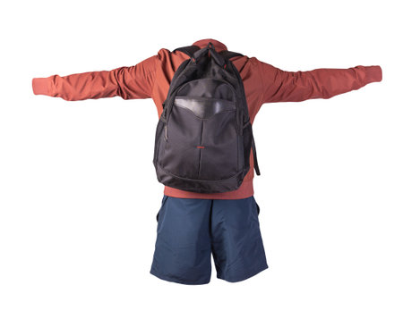 black backpack, dark blue shorts, dark red summer bomber jacket isolated on white background. casual wearの写真素材