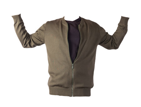 men's dark gren knitten bomber jacket and black t-shirt isolated on a white background. fashionable casual wearの写真素材