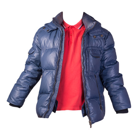 men's dark red t-shirt and blue jacket isolated on white background.casual clothingの写真素材