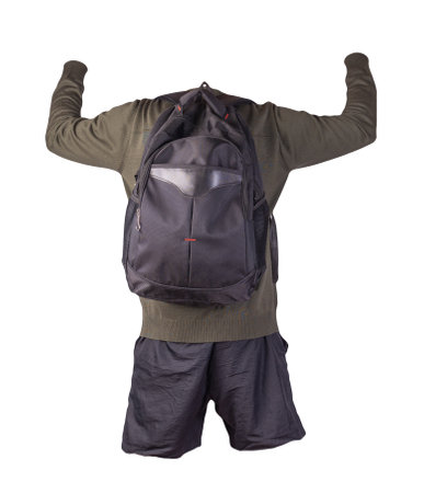 black backpack, black shorts, dark green summer knitted bomber jacket isolated on white background. casual wearの写真素材