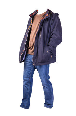 dark blue jacket with zipper, brown sweater and blue jeans isolated on white background. casual fashion clothesの写真素材