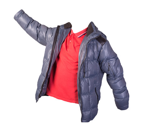 men's redt-shirt and blue jacket isolated on white background.casual clothingの写真素材