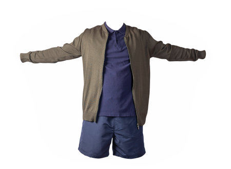 men's dark green bomber jacket, dark blue blue shirt and dark blue sports shorts isolated on white background. fashionable casual wearの写真素材