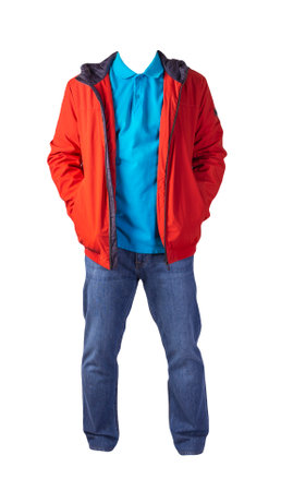 red jacket with zipper, blue shirt and blue jeans isolated on white background. casual fashion clothesの写真素材