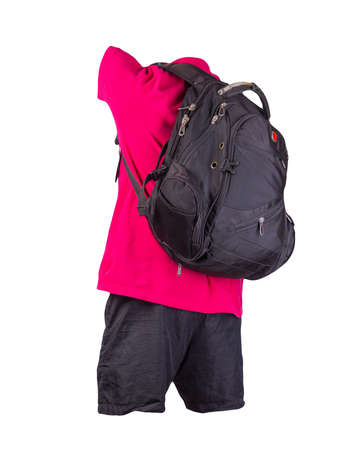 black backpack, black sports shorts, red shirt with a collar with buttons isolated on white foane....