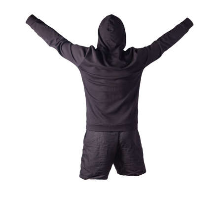 black sweatshirt with an iron zipper with a hood and black sports shorts isolated on a white background. casual sportswearの写真素材