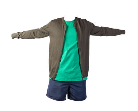 mens dark green knitted bomber jacket, retro heather green t-shirt and dark blue sports shorts isolated on white background. fashionable casual wearの写真素材