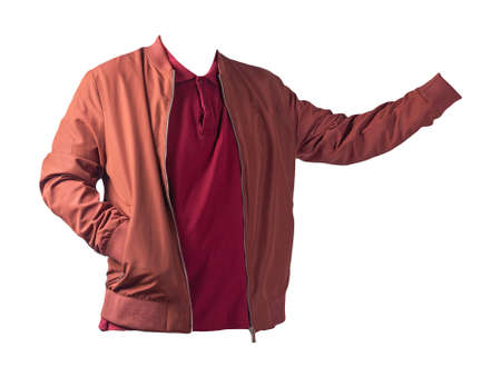 dark red men's bomber jacket and red shirt isolated on white background. fashionable casual wearの写真素材