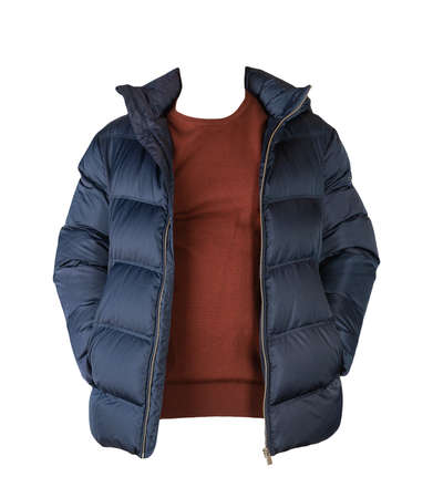 dark blue down jacket and burgundy sweater isolated on white backgroundの写真素材