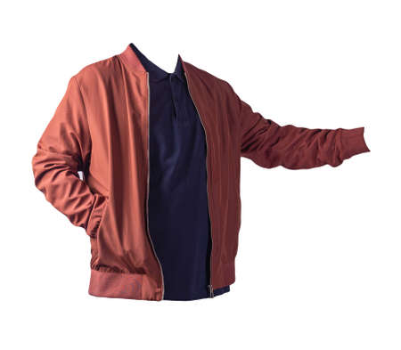 dark red men's bomber jacket and dark blue shirt isolated on white background. fashionable casual...