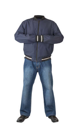 dark blue jeans, black leather shoes, dark blue jacket bomber isolated on white background. Casual...