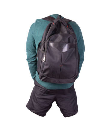 black backpack, black shorts, turquoise sweater isolated on white background. casual wearの写真素材