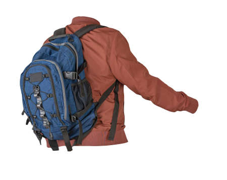 blue denim backpack dressed in red bomber jacket isolated on a white background. rear view of a backpack and jacketの写真素材