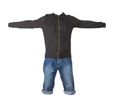 denim dark blue shorts and black hoodie isolated on white background. Men's jeans