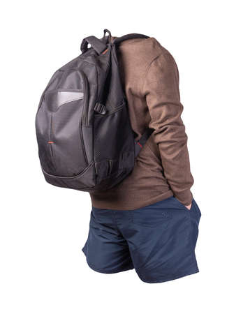black backpack, dark blue shorts, brown sweater isolated on white background. casual wearの写真素材