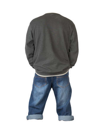denim dark blue shorts and gray sweatshirt isolated on white background. Men's jeans