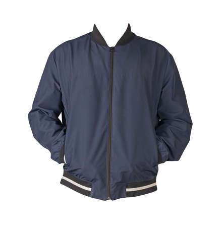 mens dark blue bomber jacket isolated on white background. fashionable clothes for every dayの写真素材
