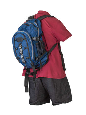 denim blue backpack, black sports shorts, dark red shirt with a collar with buttons isolated on...