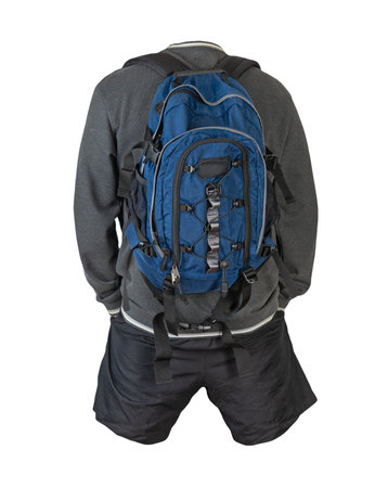 denim blue backpack, dark gray sweatshirt with a hood, black shorts isolated on white background....