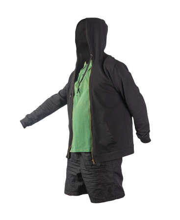 black sweatshirt with iron zipper hoodie, dark green t-shirt and black sports shorts isolated on...