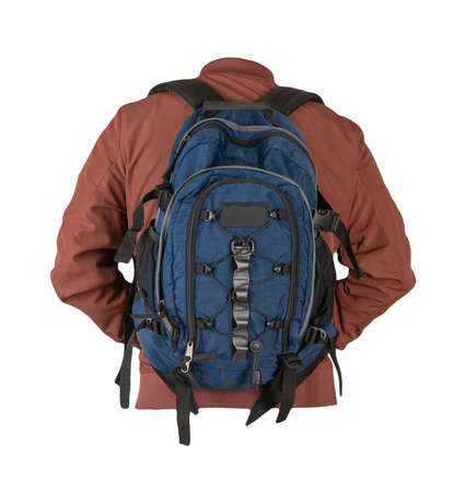 blue denim backpack dressed in red bomber jacket isolated on a white background. rear view of a...