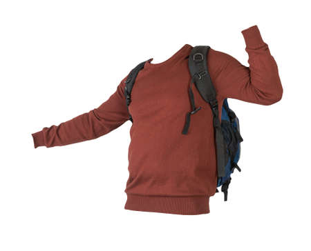 blue backpack dressed in a knitted red sweater isolated on a white background. backpack and male...