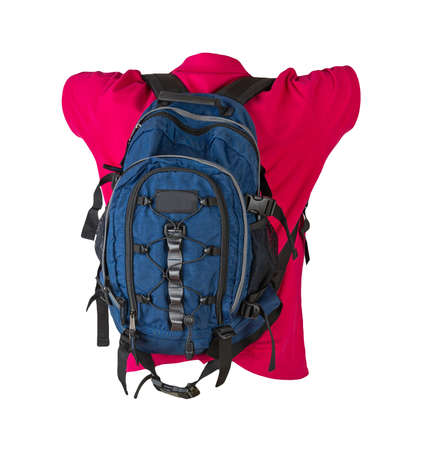 blue backpack dressed for red t-shirt isolated on a white background. backpack and male sweater view...