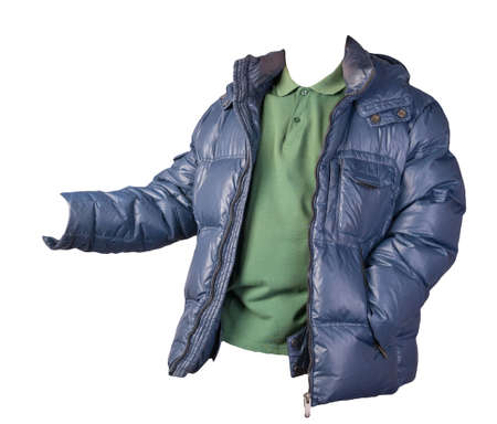 men's dark green t-shirt and blue jacket isolated on white background.casual clothingの写真素材